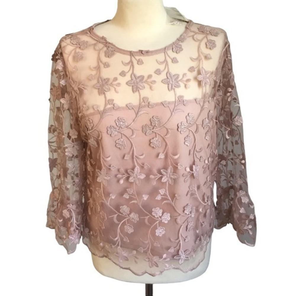 Floral‎ Embroidered Mesh Sheer Blouse Pink Bell Sleeve Scalloped Hem Top #222
